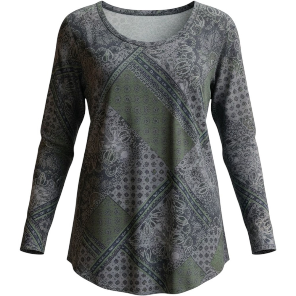Orvis Womens Grey Green Patchwork Paisley Long Sleeve Scoop Neck Top Size M